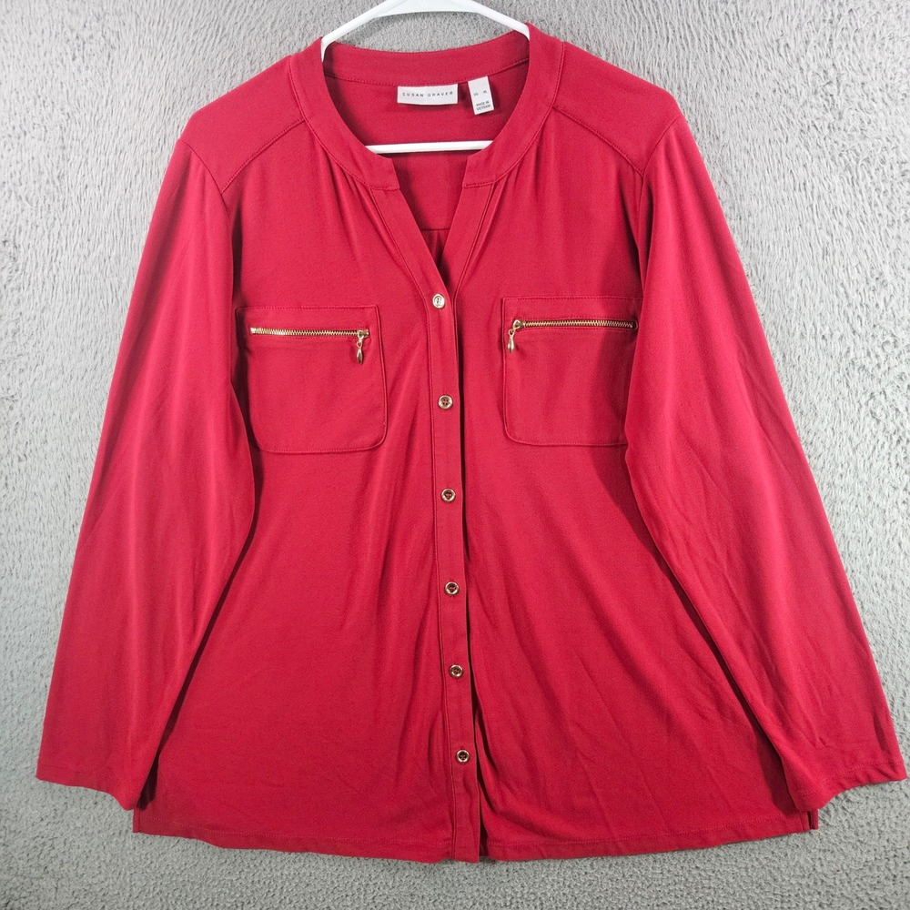 Women's Red Button-Front Long Sleeve Top with Zip Pockets